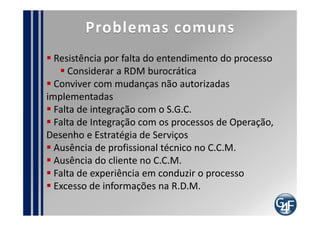 Ciclo de Vida do Serviço
                                                          Processo da Estratégia de Serviço
Escopo do projeto de
Implantação                      Estratégia               G. de Portfólio de Serviço
                                                          G. da Demanda
                                                          G. Financeiro
      Melhoria Continuada

   Processo de Melhoria                                        Desenho

                                                             G. do Catálogo de Serviço
                                                             G. de Nível de Serviço
    Operação
                                                             G. da Disponibilidade
 G. de Eventos                                               G. da Capacidade
 G. de Incidentes                                            G. da Continuidade de TI
 G. de Problemas               Transição                     G. de Segurança da Informação
 Cumprimento de Requisição                                   G. de Fornecedor
                             G. de Mudança
 G. de Acesso
                             G. da Configuração e de Ativo de Serviço
                             G. de Liberação e Implantação
     Servicedesk
 