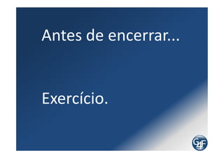 Agenda
Objetivo 08:25
A G4f       08:30
Escopo      08:35
Roadmap de Implementação 08:55
Plano de Trabalho 09:00
Equipe 09:25
Fatores Críticos de Sucesso 09:35
Ferramentas 10:05
Metodologia de Implementação 10:20
Estratégia de Implementação 14:50
Guia de Implementação 15:05
Implementando os Processos 15:30
Considerações Finais 17:45
 