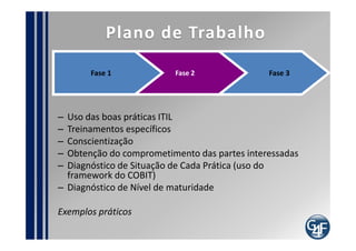 Plano de Trabalho

       Fase 1           Fase 2             Fase 3




–   Metodologia de Alinhamento Estratégico
–   Uso do BCS
–   Priorização dos Processos e Funções
–   Montagem do Plano do Projeto de implantação
–   Definição dos Indicadores
–   Definição dos Pontos de Auditoria

Exemplos Práticos
 
