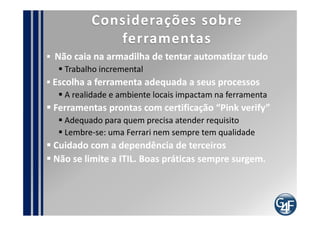 Agenda
Objetivo 08:25
A G4F       08:30
Escopo      08:35
Roadmap de Implementação 08:55
Plano de Trabalho 09:00
Equipe 09:25
Fatores Críticos de Sucesso 09:35
Ferramentas 10:05
Metodologia de Implementação 10:20
Estratégia de Implementação 14:50
Guia de Implementação 14:35
Implementando os Processos 15:00
Considerações Finais 17:45
 