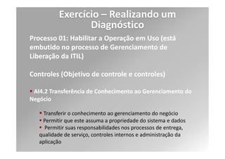 Exercício – Realizando um
                      Diagnóstico
Níveis de Maturidade definidos pelo COBIT

              Não há nenhum processo estabelecido no que diz respeito à elaboração
  Nível 0
              de documentação de usuário, manuais de operações e material de
Inexistente
              treinamento.



              Há consciência de que a documentação de processos é necessária. A
 Nível 1      documentação é ocasionalmente produzida e é inconsistentemente
 Inicial      distribuída a grupos limitados. A maioria da documentação e muitos
              procedimentos estão desatualizados.


              Métodos similares são utilizados para procedimentos e documentação,
              porém não são baseados em uma abordagem estruturada. Programas de
 Nível 2      treinamento de negócio e de usuários são providenciados ou facilitados,
Repetível     mas não há um plano abrangente de cronograma e recursos para a
              realização de treinamentos.e treinamentos.
 