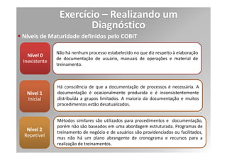 Exercício – Realizando um
                   Diagnóstico
Processo 02: Gerenciamento de Mudanças

Controles (Objetivo de controle e controles)
 AI6.1 Padrões e Procedimentos de Mudança

    Estabelecer procedimentos formais de gerenciamento de
   mudanças

 AI6.2 Avaliação de Impacto, Priorização e Autorização
    Avaliar todas as solicitações de mudança de modo estruturado
    Prevenir impacto negativo nos serviços
    Avaliar impacto em relação a outras mudanças
    Mapear procedimento para mudanças emerge
 