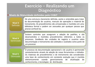 Exercício – Realizando um
                      Diagnóstico
Níveis de Maturidade definidos pelo COBIT

              Não há um processo de gerenciamento de mudanças formalmente
  Nível 0
              estabelecido, e as mudanças podem ser feitas praticamente sem
Inexistente
              nenhum controle.



              É reconhecido que as mudanças devem ser gerenciadas e controladas.
  Nível 1     As práticas variam, e existe a probabilidade de execução de mudanças
  Inicial     não autorizadas. A documentação de mudança é insuficiente ou
              inexistente.


              Há um processo informal de gerenciamento de mudanças seguido na
              maioria das mudanças ocorridas, porém esse processo é desestruturado,
  Nível 2     rudimentar e propenso a erros.. A documentação de mudança é
 Repetível    insuficiente ou inexistente. A precisão da documentação de configuração
              é inconsistente e existe avaliação limitados dos impactos.
 