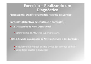 Exercício – Realizando um
                     Diagnóstico
Níveis de Maturidade definidos pelo COBIT
             As responsabilidades são bem definidas, porém com autoridade
             baseada em julgamento individual. Serviços e níveis de serviço são
 Nível 3     definidos, documentados e acordados seguindo um processo padrão.
 Definido    Os níveis de serviço são acordados, mas podem não atender às
             necessidades do negócio.

             Os níveis de serviço são cada vez mais estabelecidos na fase de
             definição dos requisitos de sistema e incorporados ao projeto da
 Nível 4     aplicação e dos ambientes operacionais. A satisfação dos clientes é
Gerenciado
             rotineiramente medida e avaliada. As métricas de desempenho
             refletem as necessidades dos clientes e não as metas de TI.


             Os níveis de serviço são continuamente reavaliados para assegurar o
 Nível 5     alinhamento entre os objetivos de TI e de negócio, considerando o
Otimizado    custo/benefício da tecnologia. Todos os processos de gerenciamento
             de níveis de serviço estão sujeitos a melhoria contínua. Os níveis de
             satisfação dos clientes são constantemente monitorados e gerenciados.
 
