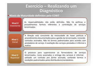 Exercício – Realizando um
                   Diagnóstico
Processo 05: Gerenciar a Central de Serviço e os
Incidentes

Controles (Objetivo de controle e controles)

  DS8.2 Registro dos Chamados dos Clientes

      Estabelecer uma função que funcione como Ponto único de
    Contato
      Manter sistema que permitam o registro e o rastreamento de
    ligações
       Manter fermenta que permita registro de incidentes,
    solicitações de serviços e necessidade de informações
      Os incidentes devem ser classificados de acordo com as
    prioridades de negócio
 