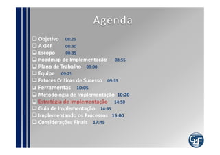 Estratégia de Implementação
Onda1           Onda2            Onda3


Processo1       processo5    I     Processo9
            E


Processo2
            E    Processo6
                             I


                 Processo7
proceso3
            E                I


                 Processo8
processo4
            E                I

                                   Tempo
 