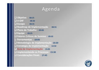 Guia de Implementação
Onda1           Onda2                 Onda3

                  G.C.2                Financeiro
  G.C.1



                Catálogo de
                 Serviços                Portfólio
 Cenral1          manual



                Mudanças -               Catálogo
                    1                     Manual
Incidenets
     1

                                       Incidentes -
                 Liberação                  2
 Nível de
 Serviços

                Problemas -             problemas-
                     1                       2


                              Tempo
 