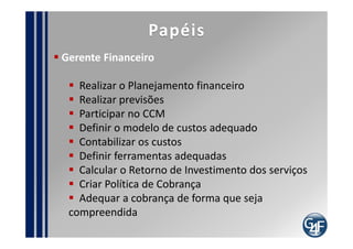 Problemas comuns
  Falta de Definições estratégicas e P.E.
  Conhecimento insuficiente a respeito do processo
  Encontrar o profissional para o perfil
  Dificuldade em avaliar custo-benefício baseado no
cliente
  Falta de conhecimento sobre os benefícios do
processo
  Resistência à atividade de cobrança
  Falta de monitoramento
 