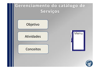 Pontos de Auditoria
 Catálogo documentado
 Evidências de alterações no catálogo
 Registro do código do serviço no registro das
demandas
 Processo documentado
 Comparação entre o catálogo e o Portfólio
 Registro dos indicadores do processo
 Registro da conscientização
 Evidências de saídas nas atividades do processo de
mudança para atualizar o catálogo
 