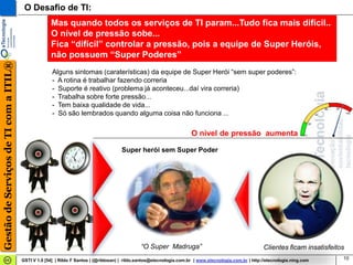 O Desafio de TI:
                                                    Mas quando todos os serviços de TI param...Tudo fica mais difícil..
                                                    O nível de pressão sobe...
                                                    Fica “difícil” controlar a pressão, pois a equipe de Super Heróis,
                                                    não possuem “Super Poderes”
Gestão de Serviços de TI com a ITIL®




                                                     Alguns sintomas (caraterísticas) da equipe de Super Herói “sem super poderes”:
                                                     - A rotina é trabalhar fazendo correria
                                                     - Suporte é reativo (problema já aconteceu...daí vira correria)
                                                     - Trabalha sobre forte pressão...
                                                     - Tem baixa qualidade de vida...
                                                     - Só são lembrados quando alguma coisa não funciona ...

                                                                                                                      O nível de pressão aumenta

                                                                                      Super herói sem Super Poder




                                                                                               “O Super Madruga”                                        Clientes ficam insatisfeitos
                                       GSTI V 1.0 [54] | Rildo F Santos | (@rildosan) | rildo.santos@etecnologia.com.br | www.etecnologia.com.br | http://etecnologia.ning.com     10
 