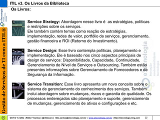 ITIL v3. Os Livros da Biblioteca
                                        Os Livros:


                                                         Service Strategy: Abordagem nesse livro é as estratégias, políticas
                                                         e restrições sobre os serviços.
Gestão de Serviços de TI com a ITIL®




                                                         Ele também contém temas como reação de estratégias,
                                                         implementação, redes de valor, portfólio de serviços, gerenciamento,
                                                         gestão financeira e ROI (Retorno do Investimento).

                                                         Service Design: Esse livro contempla políticas, planejamento e
                                                         implementação. Ele é baseado nos cinco aspectos principais de
                                                         design de serviços: Disponibilidade, Capacidade, Continuidade,
                                                         Gerenciamento de Nível de Serviços e Outsourcing. Também estão
                                                         presentes informações sobre Gerenciamento de Fornecedores e de
                                                         Segurança da Informação.

                                                         Service Transition: Esse livro apresenta um novo conceito sobre o
                                                         sistema de gerenciamento do conhecimento dos serviços. Também
                                                         inclui abordagem sobre mudanças, riscos e garantia de qualidade. Os
                                                         processos endereçados são planejamento e suporte, gerenciamento
                                                         de mudanças, gerenciamento de ativos e configurações e etc.


                                       GSTI V 1.0 [54] | Rildo F Santos | (@rildosan) | rildo.santos@etecnologia.com.br | www.etecnologia.com.br | http://etecnologia.ning.com   22
 