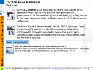 ITIL v3. Os Livros da Biblioteca
                                        Os Livros:
                                                          Service Operations: As operações cotidianas de suporte são o
                                                          assunto principal desse livro. Existe o foco principal em
                                                          gerenciamento de Service Desk (Central de Serviços) e Requisições
Gestão de Serviços de TI com a ITIL®




                                                          de Serviços, separadamente de Gerenciamento de Incidentes e de
                                                          Problemas.

                                                          Continual Service Improvement: O ciclo PDCA (“planejar, fazer,
                                                          verificar e agir”), de forma a identificar e atuar em melhorias
                                                          contínuas dos processos detalhados nos outros quatro livros.
                                                          Melhorias nesses aspectos também levam a serviços aprimorados
                                                          aos clientes e usuários.
                                         Livro complementar
                                                       The Official Introduction of the ITIL Service Lifecycle (OGC)
                                                       Este livro explica o conceito de Gerenciamento de Serviço e descreve porque a abordagem
                                                       de ciclo de serviço é a melhor prática atual para gerenciamento de serviços




                                       GSTI V 1.0 [54] | Rildo F Santos | (@rildosan) | rildo.santos@etecnologia.com.br | www.etecnologia.com.br | http://etecnologia.ning.com   23
 