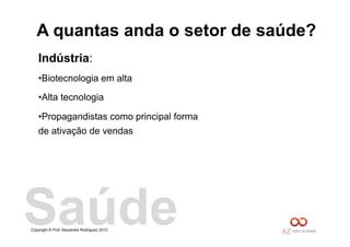 Copyright © Prof. Alexandre Rodriguez 2013
Indústria:
• Biotecnologia em alta
• Alta tecnologia
• Propagandistas como principal forma
de ativação de vendas
A quantas anda o setor de saúde?
Saúde
 