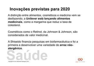 Copyright © Prof. Alexandre Rodriguez 2013
A distinção entre alimentos, cosméticos e medicina vem se
desfazendo; a Unilever está lançando alimentos
medicinais, como a margarina que reduz a taxa de
colesterol.
Cosméticos como o Retinol, da Johnson & Johnson, são
considerados de valor medicinal.
A Shiseido financia pesquisas em biofarmacêutica e foi a
primeira a desenvolver uma variedade de arroz não-
alergênico.
Inovações previstas para 2020
Saúde
 