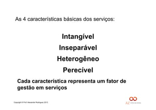 Copyright © Prof. Alexandre Rodriguez 2013
As 4 características básicas dos serviços:
Intangível
Inseparável
Heterogêneo
Perecível
Cada característica representa um fator de
gestão em serviços
 