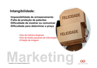 Copyright © Prof. Alexandre Rodriguez 2013
Intangibilidade:
• Impossibilidade de armazenamento
• Falta de proteção de patentes
• Dificuldade de mostrar ou comunicar
• Dificuldade para determinar o preço
• Uso de indícios tangíveis
• Uso de fontes pessoais de informação
• Criação de imagem
Marketing
 