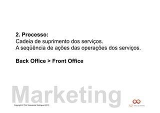 Copyright © Prof. Alexandre Rodriguez 2013
2. Processo:
Cadeia de suprimento dos serviços.
A seqüência de ações das operações dos serviços.
Back Office > Front Office
Marketing
 
