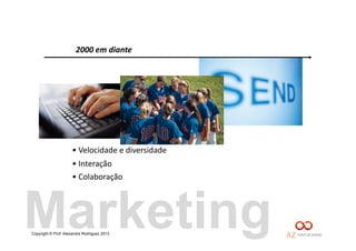Copyright © Prof. Alexandre Rodriguez 2013
2000	
  em	
  diante	
  
• 	
  Velocidade	
  e	
  diversidade	
  
• 	
  Interação	
  
• 	
  Colaboração	
  
Marketing
 