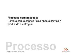 Copyright © Prof. Alexandre Rodriguez 2013
Processo com pessoas:
Contato com o espaço físico onde o serviço é
produzido e entregue
Processo
 