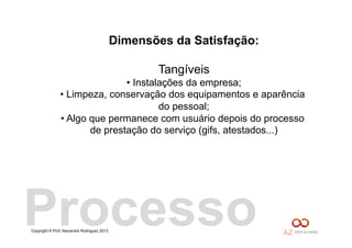 Copyright © Prof. Alexandre Rodriguez 2013
Dimensões da Satisfação:
Tangíveis
• Instalações da empresa;
• Limpeza, conservação dos equipamentos e aparência
do pessoal;
• Algo que permanece com usuário depois do processo
de prestação do serviço (gifs, atestados...)
Processo
 
