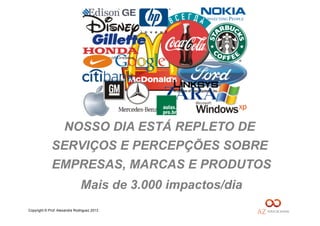 Copyright © Prof. Alexandre Rodriguez 2013
NOSSO DIA ESTÁ REPLETO DE
SERVIÇOS E PERCEPÇÕES SOBRE
EMPRESAS, MARCAS E PRODUTOS
Mais de 3.000 impactos/dia
 