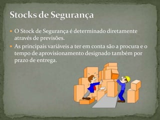  O Stock de Segurança é determinado diretamente
através de previsões.
 As principais variáveis a ter em conta são a procura e o
tempo de aprovisionamento designado também por
prazo de entrega.
 
