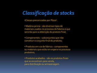 Classificação de stocks
•Classes preconizadas por Plossl .

• Matéria-prima - são diversos tipos de
materiais usados no processo de fabrico e que
servirão para a obtenção do produto final;

• Componentes - subconjuntos que irão
constituir o conjunto final do produto;

• Produtos em via de fabrico - componentes
ou materiais que estão em espera no processo
produtivo;

• Produtos acabados - são os produtos finais
que se encontram para venda,
para distribuição ou armazenagem.
 