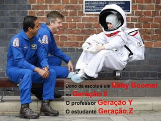 Dono da escola é um Baby Boomer
ou Geração X
O professor Geração Y
O estudante Geração Z
 