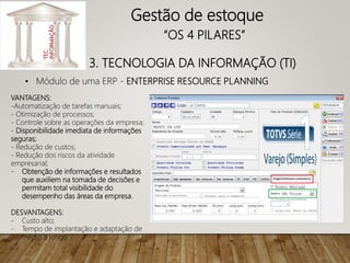 3. TECNOLOGIA DA INFORMAÇÃO (TI)
TEC.
INFORMAÇÃO
• Módulo de uma ERP - ENTERPRISE RESOURCE PLANNING
VANTAGENS:
-Automatização de tarefas manuais;
- Otimização de processos;
- Controle sobre as operações da empresa;
- Disponibilidade imediata de informações
seguras;
- Redução de custos;
- Redução dos riscos da atividade
empresarial;
- Obtenção de informações e resultados
que auxiliem na tomada de decisões e
permitam total visibilidade do
desempenho das áreas da empresa.
DESVANTAGENS:
- Custo alto;
- Tempo de implantação e adaptação de
médio a longo.
Gestão de estoque
“OS 4 PILARES”
 