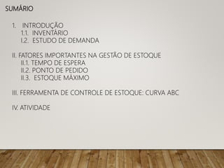 SUMÁRIO
1. INTRODUÇÃO
1.1. INVENTÁRIO
I.2. ESTUDO DE DEMANDA
II. FATORES IMPORTANTES NA GESTÃO DE ESTOQUE
II.1. TEMPO DE ESPERA
II.2. PONTO DE PEDIDO
II.3. ESTOQUE MÁXIMO
III. FERRAMENTA DE CONTROLE DE ESTOQUE: CURVA ABC
IV. ATIVIDADE
 