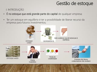 Gestão de estoque
• É no estoque que está grande parte do capital de qualquer empresa;
• Ter um estoque em equilíbrio é ter a possibilidade de liberar recurso da
empresa para futuros investimentos;
.
Perda de
credibilidade
Cliente
insatisfeito
Empresa não fatura,
colaboradores não recebem
ESTOQUE VAZIO
ESTOQUE
CHEIO
DESPERDÍCIO $
NÃO AGREGA VALOR NENHUM À
EMPRESA
I. INTRODUÇÃO
 