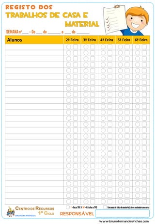 SEMANA no - De de a de 
Alunos 2ª Feira 3ª Feira 4ª Feira 5ª Feira 6ª Feira 
0 F – Fez o TPC / NF – Não fez o TPC Em caso de falta de material, deve assinalar uma cruz 
