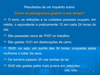 22
Resultados de um Inquérito sobre:
Como os portugueses gastam o seu tempo?Como os portugueses gastam o seu tempo?
 O sono, as refeições e os cuidados pessoais ocupam, em
média, o equivalente a praticamente 12 em cada 24 horas do
dia;
 São passadas cerca de 7H37 no trabalho;
 São gastas 1h31 em deslocações de carro;
 5h00, ou seja, um quinto das 24 horas, ocupadas pelas
mulheres a tratar da casa;
 Os homens passam 2h nas tarefas do lar;
 2h00 são gastas pelos mais jovens em refeições.
(INE, 1999)
 