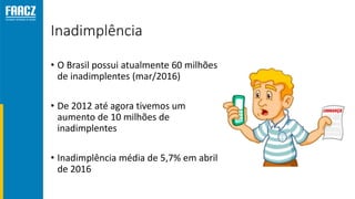 Inadimplência
• O Brasil possui atualmente 60 milhões
de inadimplentes (mar/2016)
• De 2012 até agora tivemos um
aumento de 10 milhões de
inadimplentes
• Inadimplência média de 5,7% em abril
de 2016
 