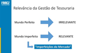 Relevância da Gestão de Tesouraria
Mundo Perfeito
Mundo Imperfeito
IRRELEVANTE
RELEVANTE
“Imperfeições do Mercado”
 