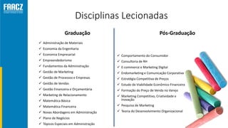 Disciplinas Lecionadas
Graduação
 Administração de Materiais
 Economia da Engenharia
 Economia Empresarial
 Empreendedorismo
 Fundamentos da Administração
 Gestão de Marketing
 Gestão de Processos e Empresas
 Gestão de Vendas
 Gestão Financeira e Orçamentária
 Marketing de Relacionamento
 Matemática Básica
 Matemática Financeira
 Novas Abordagens em Administração
 Plano de Negócios
 Tópicos Especiais em Administração
Pós-Graduação
 Comportamento do Consumidor
 Consultoria de RH
 E-commerce e Marketing Digital
 Endomarketing e Comunicação Corporativa
 Estratégia Competitiva de Preços
 Estudo de Viabilidade Econômico Financeira
 Formação do Preço de Venda no Varejo
 Marketing Competitivo, Criatividade e
Inovação
 Pesquisa de Marketing
 Teoria do Desenvolvimento Organizacional
 
