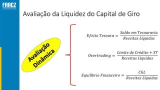 Avaliação da Liquidez do Capital de Giro
𝐸𝑓𝑒𝑖𝑡𝑜 𝑇𝑒𝑠𝑜𝑢𝑟𝑎 =
𝑆𝑎𝑙𝑑𝑜 𝑒𝑚 𝑇𝑒𝑠𝑜𝑢𝑟𝑎𝑟𝑖𝑎
𝑅𝑒𝑐𝑒𝑖𝑡𝑎𝑠 𝐿í𝑞𝑢𝑖𝑑𝑎𝑠
𝑂𝑣𝑒𝑟𝑡𝑟𝑎𝑑𝑖𝑛𝑔 =
𝐿𝑖𝑚𝑖𝑡𝑒 𝑑𝑒 𝐶𝑟é𝑑𝑖𝑡𝑜 + 𝑆𝑇
𝑅𝑒𝑐𝑒𝑖𝑡𝑎𝑠 𝐿í𝑞𝑢𝑖𝑑𝑎𝑠
𝐸𝑞𝑢𝑖𝑙í𝑏𝑟𝑖𝑜 𝐹𝑖𝑛𝑎𝑛𝑐𝑒𝑖𝑟𝑜 =
𝐶𝐺𝐿
𝑅𝑒𝑐𝑒𝑖𝑡𝑎𝑠 𝐿í𝑞𝑢𝑖𝑑𝑎𝑠
 
