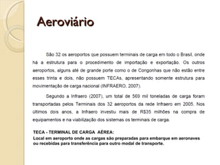 Aeroviário




TECA - TERMINAL DE CARGA AÉREA:
Local em aeroporto onde as cargas são preparadas para embarque em aeronaves
ou recebidas para transferência para outro modal de transporte.
 