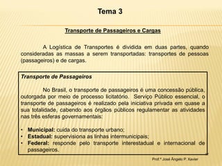 17 
Transporte de Passageiros e Cargas 
A Logística de Transportes é dividida em duas partes, quando consideradas as massas a serem transportadas: transportes de pessoas (passageiros) e de cargas. 
Transporte de Passageiros No Brasil, o transporte de passageiros é uma concessão pública, outorgada por meio de processo licitatório. Serviço Público essencial, o transporte de passageiros é realizado pela iniciativa privada em quase a sua totalidade, cabendo aos órgãos públicos regulamentar as atividades nas três esferas governamentais: 
•Municipal: cuida do transporte urbano; 
•Estadual: supervisiona as linhas intermunicipais; 
•Federal: responde pelo transporte interestadual e internacional de passageiros. 
Tema 3 
Prof.º José Ângelo P. Xavier  