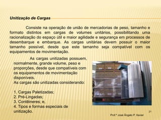 21 
Unitização de Cargas Consiste na operação de união de mercadorias de peso, tamanho e formato distintos em cargas de volumes unitários, possibilitando uma racionalização do espaço útil e maior agilidade e segurança em processos de desembarque e embarque. As cargas unitárias devem possuir o maior tamanho possível, desde que este tamanho seja compatível com os equipamentos de movimentação. 
As cargas unitizadas possuem, normalmente, grande volume, peso e proporções, desde que compatíveis com os equipamentos de movimentação disponíveis. As cargas são unitizadas considerando: 1. Cargas Paletizadas; 2. Pré-Lingadas; 3. Contêineres; e, 4. Tipos e formas especiais de unitização. 
Prof.º José Ângelo P. Xavier  