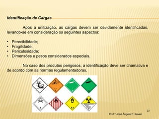 23 
Identificação de Cargas Após a unitização, as cargas devem ser devidamente identificadas, levando-se em consideração os seguintes aspectos: 
•Perecibilidade; 
•Fragilidade; 
•Periculosidade; 
•Dimensões e pesos considerados especiais. No caso dos produtos perigosos, a identificação deve ser chamativa e de acordo com as normas regulamentadoras. 
Prof.º José Ângelo P. Xavier  