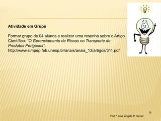 35 
Atividade em Grupo Formar grupo de 04 alunos e realizar uma resenha sobre o Artigo Científico: “O Gerenciamento de Riscos no Transporte de Produtos Perigosos”. http://www.simpep.feb.unesp.br/anais/anais_13/artigos/311.pdf 
Prof.º José Ângelo P. Xavier  