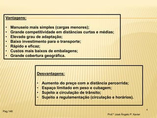 4 
Vantagens: 
•Manuseio mais simples (cargas menores); 
•Grande competitividade em distâncias curtas e médias; 
•Elevado grau de adaptação; 
•Baixo investimento para o transporte; 
•Rápido e eficaz; 
•Custos mais baixos de embalagens; 
•Grande cobertura geográfica. 
Desvantagens: 
•Aumento do preço com a distância percorrida; 
•Espaço limitado em peso e cubagem; 
•Sujeito a circulação de trânsito; 
•Sujeito a regulamentação (circulação e horários). 
Prof.º José Ângelo P. Xavier 
Pag.148  