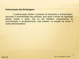 41 
Padronização das Embalagens A padronização facilita o processo de transporte e armazenagem, manuseio e movimentação dos produtos, pois reduz o tempo de realização dessas tarefas e ajuda, não só nos métodos, equipamentos de movimentação e armazenamento, mas também na redução de tempo e custos desnecessários. 
Prof.º José Ângelo P. Xavier 
Pag.162  