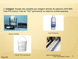45 
3. Colagem: fixação das unidades por colagem através de adesivos (Holt Melt, Cola PVA branca, Cola de “TAC” permanente ou adesivos antiderrapantes). 
Adesivo Holt Melt 
Cola PVA Branca 
Cola de “TAC” permanente 
adesivos antiderrapantes 
Prof.º José Ângelo P. Xavier 
Pag.165  