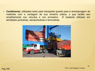 50 
•Contêineres: utilizados tanto para transporte quanto para a armazenagem de materiais com a vantagem de sua simetria cúbica, o que facilita seu empilhamento nos veículos e nos armazéns. É bastante utilizado em atividades portuárias, aeroportuárias e ferroviárias. 
Prof.º José Ângelo P. Xavier 
Pag.168  