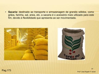 57 
•Sacaria: destinado ao transporte e armazenagem de granéis sólidos, como grãos, farinha, sal, areia, etc, a sacaria é o acessório mais utilizado para este fim, devido à flexibilidade que apresenta ao ser movimentada. 
Prof.º José Ângelo P. Xavier 
Pag.173 