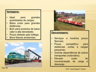 6 
Vantagens: 
•Ideal para grandes quantidades de cargas; 
•Baixo custo para grandes distâncias; 
•Bom para produtos de baixo valor e alta densidade; 
•Pouco afetado pelo tráfego; 
•Bons fatores ambientais. 
Desvantagens: 
•Serviços e horários pouco flexíveis; 
•Pouco competitivo para distâncias curtas e cargas pequenas; 
•Grande dependência de outros transportes (rodoviário); 
•Elevado custo de movimentação de carga e descarga. 
Prof.º José Ângelo P. Xavier 
Pag.148  