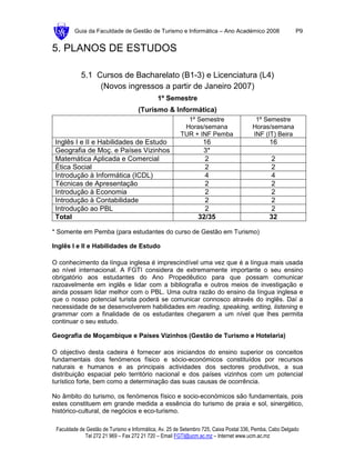 Guia da Faculdade de Gestão de Turismo e Informática – Ano Académico 2008                        P9


5. PLANOS DE ESTUDOS

           5.1 Cursos de Bacharelato (B1-3) e Licenciatura (L4)
                (Novos ingressos a partir de Janeiro 2007)
                                             1º Semestre
                                     (Turismo & Informática)
                                                         1º Semestre                    1º Semestre
                                                        Horas/semana                   Horas/semana
                                                       TUR + INF Pemba                 INF (IT) Beira
 Inglês I e II e Habilidades de Estudo                          16                             16
 Geografia de Moç. e Países Vizinhos                            3*
 Matemática Aplicada e Comercial                                 2                              2
 Ética Social                                                    2                             2
 Introdução à Informática (ICDL)                                 4                              4
 Técnicas de Apresentação                                        2                              2
 Introdução à Economia                                           2                              2
 Introdução à Contabilidade                                      2                              2
 Introdução ao PBL                                               2                              2
 Total                                                         32/35                           32

* Somente em Pemba (para estudantes do curso de Gestão em Turismo)

Inglês I e II e Habilidades de Estudo

O conhecimento da língua inglesa é imprescindível uma vez que é a língua mais usada
ao nível internacional. A FGTI considera de extremamente importante o seu ensino
obrigatório aos estudantes do Ano Propedêutico para que possam comunicar
razoavelmente em inglês e lidar com a bibliografia e outros meios de investigação e
ainda possam lidar melhor com o PBL. Uma outra razão do ensino da língua inglesa e
que o nosso potencial turista poderá se comunicar connosco através do inglês. Daí a
necessidade de se desenvolverem habilidades em reading, speaking, writing, listening e
grammar com a finalidade de os estudantes chegarem a um nível que lhes permita
continuar o seu estudo.

Geografia de Moçambique e Países Vizinhos (Gestão de Turismo e Hotelaria)

O objectivo desta cadeira é fornecer aos iniciandos do ensino superior os conceitos
fundamentais dos fenómenos físico e sócio-económicos constituídos por recursos
naturais e humanos e as principais actividades dos sectores produtivos, a sua
distribuição espacial pelo território nacional e dos países vizinhos com um potencial
turístico forte, bem como a determinação das suas causas de ocorrência.

No âmbito do turismo, os fenómenos físico e socio-económicos são fundamentais, pois
estes constituem em grande medida a essência do turismo de praia e sol, sinergético,
histórico-cultural, de negócios e eco-turismo.

 Faculdade de Gestão de Turismo e Informática, Av. 25 de Setembro 725, Caixa Postal 336, Pemba, Cabo Delgado
             Tel 272 21 969 – Fax 272 21 720 – Email FGTI@ucm.ac.mz – Internet www.ucm.ac.mz
 