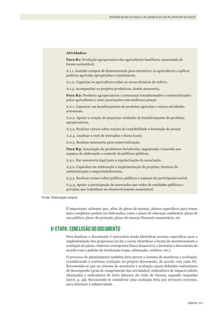 107página
NOÇÕES BÁSICAS PARA A ELABORAÇÃO DE PLANOS DE MANEJO
Atividades:
Para R1: Produção agropecuária dos agricultores familiares aumentada de
forma sustentável.
A.1.1. Instalar campos de demonstração para incentivar os agricultores a aplicar
práticas agrícolas apropriadas e sustentáveis.
A.1.2. Capacitar os agricultores sobre as novas técnicas de cultivo.
A.1.3. Acompanhar os projetos produtivos, dando assessoria.
Para R2: Produtos agropecuários e artesanais transformados e comercializados
pelos agricultores e suas associações com melhores preços.
A.2.1. Capacitar em beneficiamento de produtos agrícolas e outras atividades
artesanais.
A.2.2. Apoiar a criação de pequenas unidades de beneficiamento de produtos
agropecuários.
A.2.3. Realizar cursos sobre noções de contabilidade e formação de preços
A.2.4. Analisar a rede de mercados e feiras locais
A.2.3. Realizar assessoria para comercialização.
Para R3: Associação de produtores fortalecida, organizada e inserida nos
espaços de elaboração e controle de políticas públicas.
A.3.1. Dar assessoria legal para a regularização da associação.
A.3.2. Capacitar em elaboração e implementação de projetos, técnicas de
administração e empreendedorismo.
A.3.3. Realizar cursos sobre políticas públicas e espaços de participação social.
A.3.4. Apoiar a participação de associados nas redes de entidades públicas e
privadas que trabalham no desenvolvimento sustentável.
Fonte: Elaboração própria.
É importante salientar que, além do plano de manejo, planos específicos para temas
mais complexos podem ser elaborados, como o plano de educação ambiental, plano de
uso público, plano de proteção, plano de manejo florestal comunitário, etc.
6a
ETAPA: CONCLUSÃO DO DOCUMENTO
Para finalizar o documento é necessário ainda identificar normas específicas para a
implementação dos programas (se for o caso); identificar a forma de monitoramento e
avaliação do plano; elaborar cronograma físico-financeiro; e formatar o documento de
acordo com o padrão da instituição (capa, editoração, créditos, etc.).
O processo de planejamento também deve prever o sistema de monitoria e avaliação,
considerando a contínua avaliação no próprio documento, de acordo com cada UC.
Recomenda-se que no sistema de monitoria e avaliação sejam definidos indicadores
de desempenho (grau de cumprimento das atividades), indicadores de impacto (efeito
alcançado) e indicadores de êxito (alcance da visão de futuro), segundo Arguedas
(2007, p. 49). Recomenda-se considerar uma avaliação feita por revisores externos,
para diminuir a subjetividade.
WWF_CursosUC.indb 107 31/08/2012 17:20:52
 
